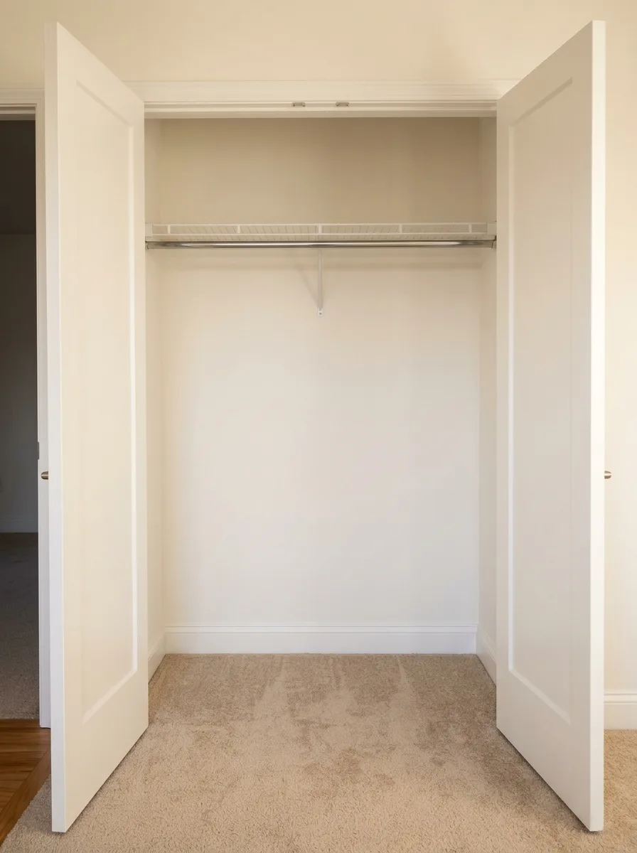 an empty bedroom closet in a vacated house, doors open, shelves and rod wiped down, clean baseboards and bare carpet, daylight from the room behind the camera