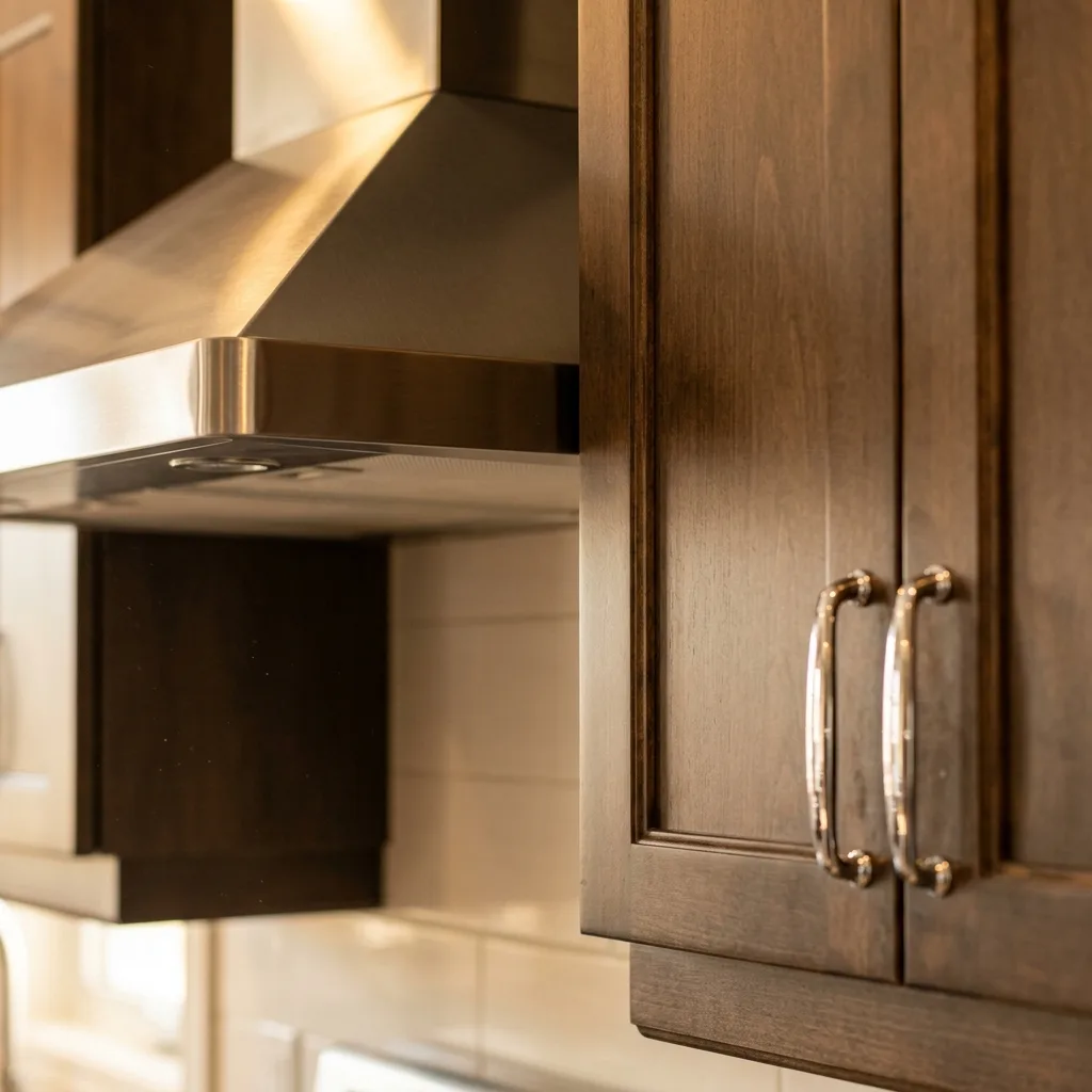 a close square crop of a kitchen range hood upper-left and the cabinet fronts beside it after a deep clean, grease gone, hardware polished, warm kitchen light