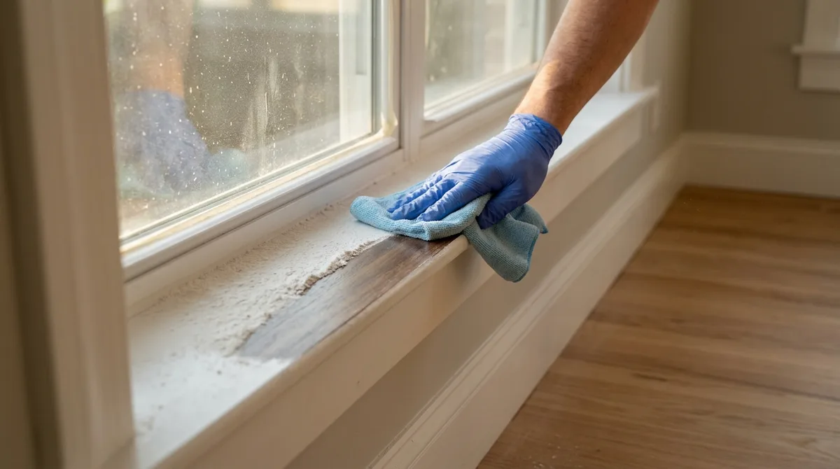 a newly renovated room with the last of the fine drywall dust cleared from a windowsill and painted trim, tape removed, swept and wiped floor visible at the bottom, no tools in frame