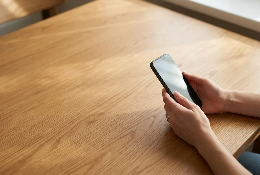 a homeowner's hands holding a phone lower-right over a clean kitchen table in morning light, table surface filling the rest of the frame, screen angled away so no interface is legible